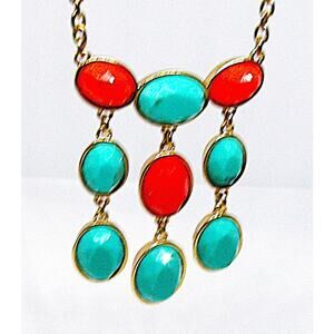 Liz Claiborne Statement Faceted Lucite Orange & Turquois Necklace 38" Gold Tone